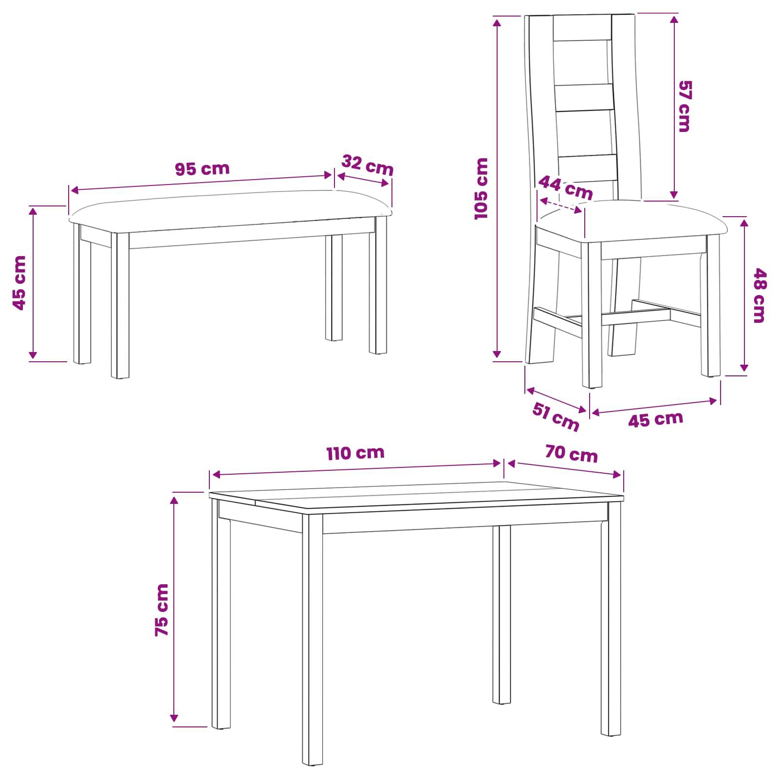Maßzeichnungen eines Tisches und eines Stuhls: Tisch 95 cm x 32 cm x 45 cm Höhe, größerer Tisch 110 cm x 70 cm x 75 cm Höhe, Stuhl 105 cm Höhe, 45 cm Sitzhöhe.