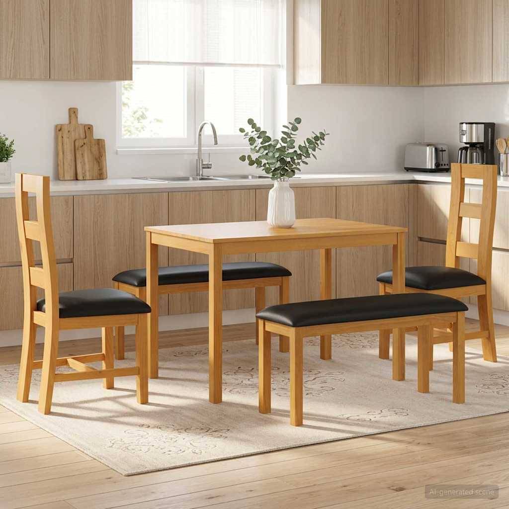 Moderner Esstisch in einer hellen Küche: Holztisch, vier Stühle und zwei Bänke auf einem hellen Teppich mit einer Vase als Mittelpunkt.