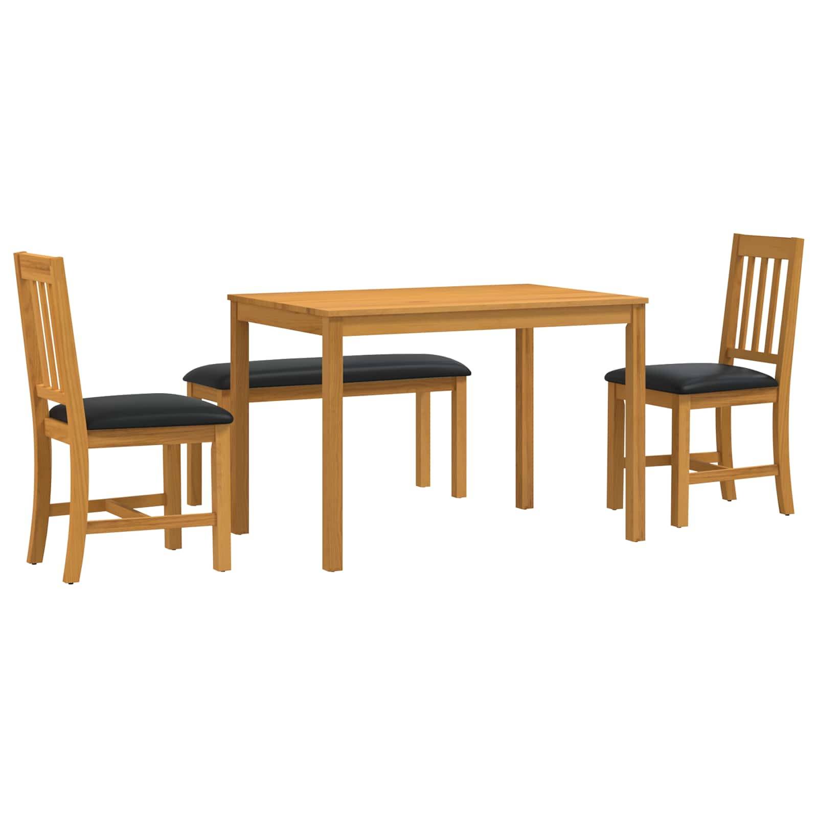 Holztisch zum Esszimmer mit zwei schwarzgepolsterten Stühlen und einer passenden Bank auf weißem Hintergrund.
