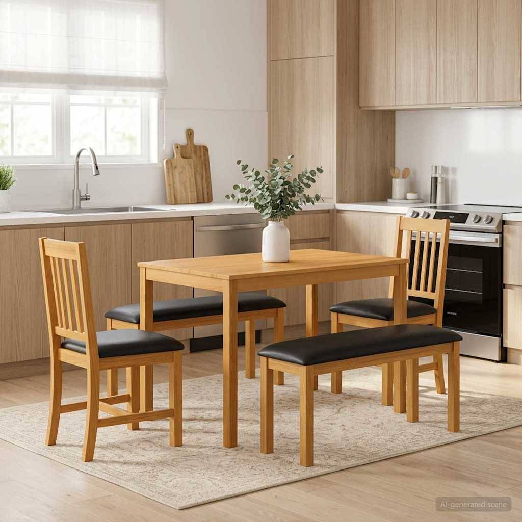 Moderner Küchen-Essbereich mit einem Holztisch, vier Stühlen, zwei Bänken und einer Vase als Mittelpunkt auf einem Teppich neben dem Spülbecken und dem Herd.