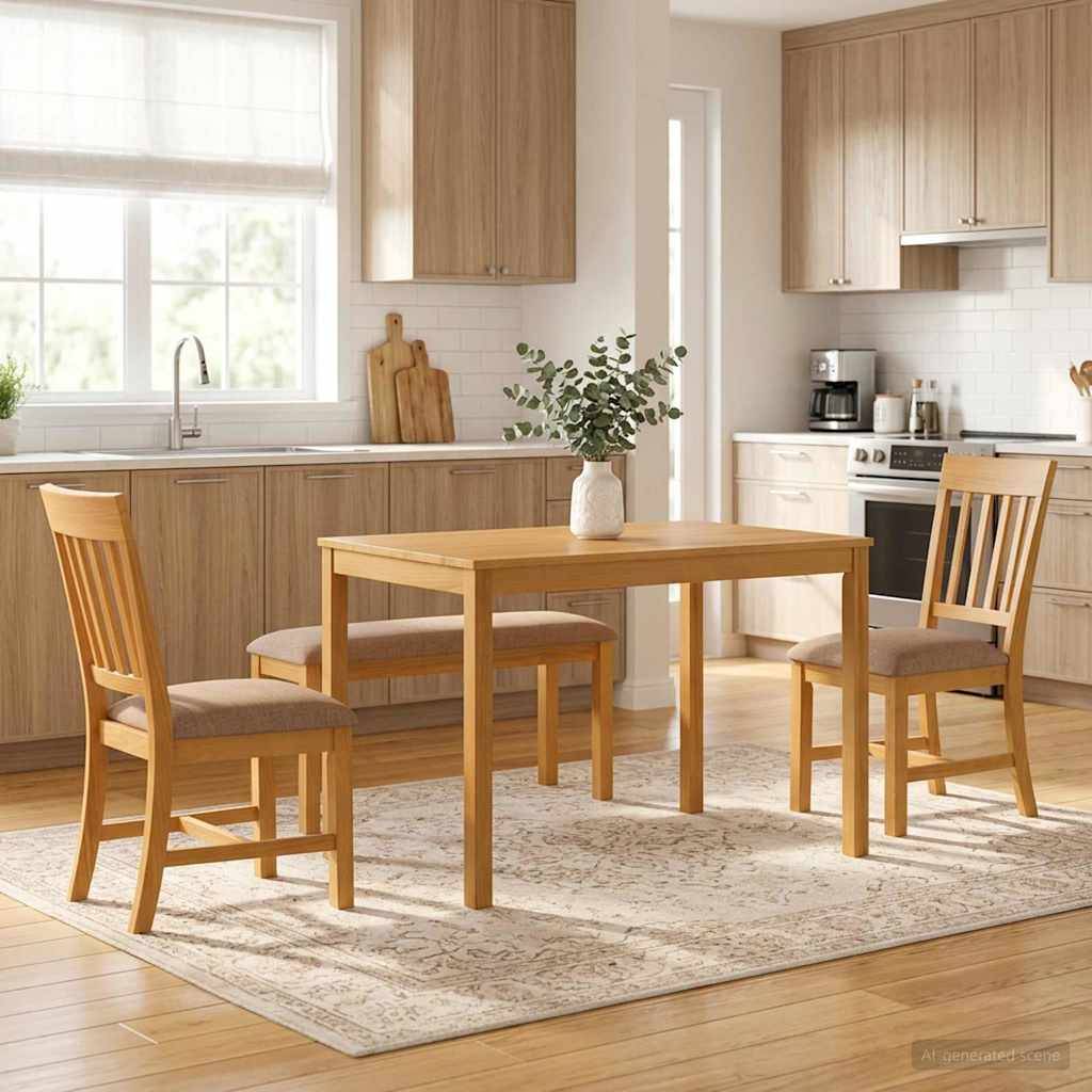 Helle moderne Küche mit Holztisch, vier Stühlen, Teppich und Vase mit Grünpflanzen neben einem Fenster und Schränken.