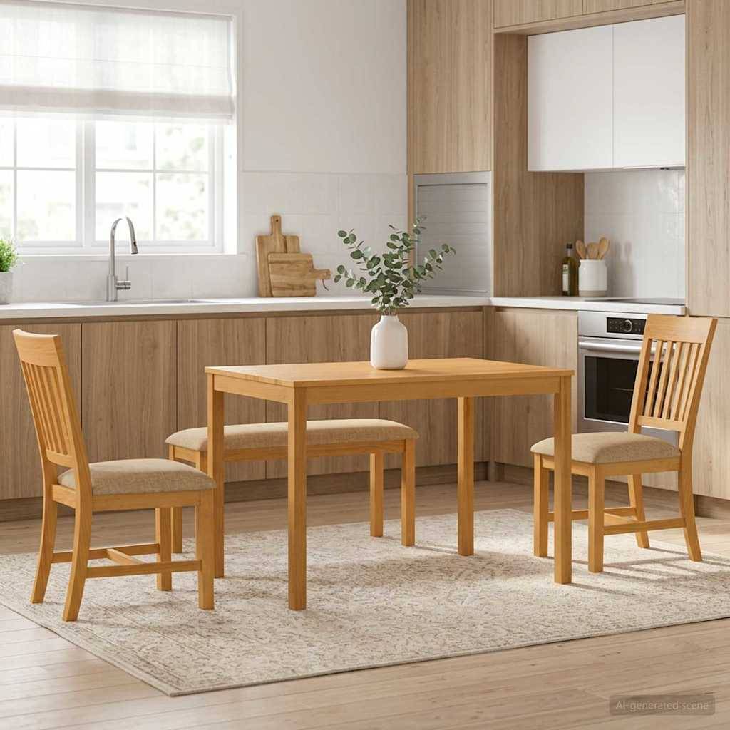 Moderne Küche mit Holzschränken, einem Tisch und drei Stühlen auf einem Teppich, beleuchtet durch ein großes Fenster mit einer Vase als Tischaufsatz auf dem Tisch.