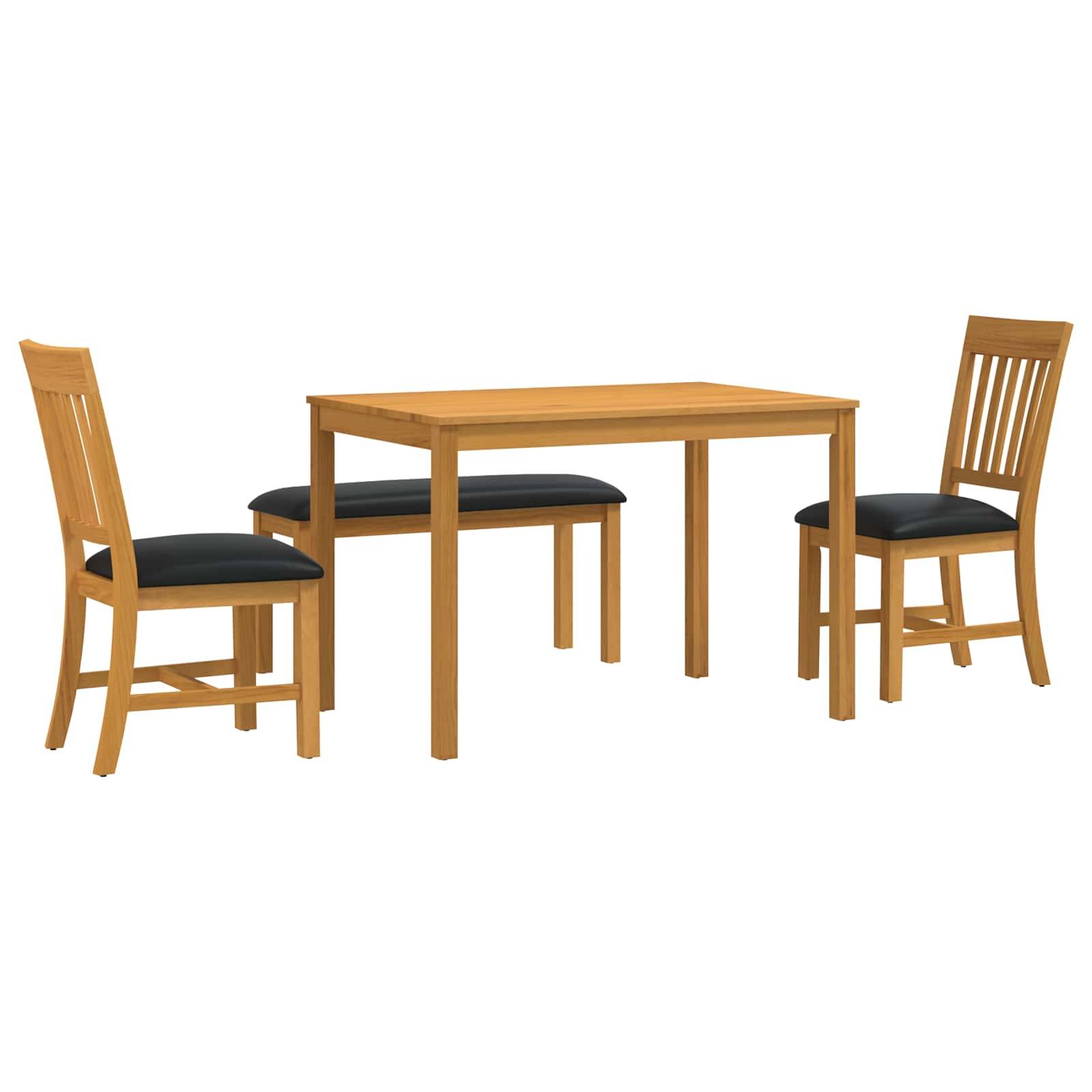Holzesstisch-Set mit zwei Stühlen und einer passenden Bank, alle mit schwarzen Sitzkissen auf weißem Hintergrund.