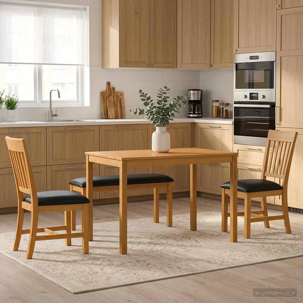 Helle moderne Küche mit Holzschränken, Tisch, drei Stühlen und einer Vasendekoration auf einem Teppich am Fenster