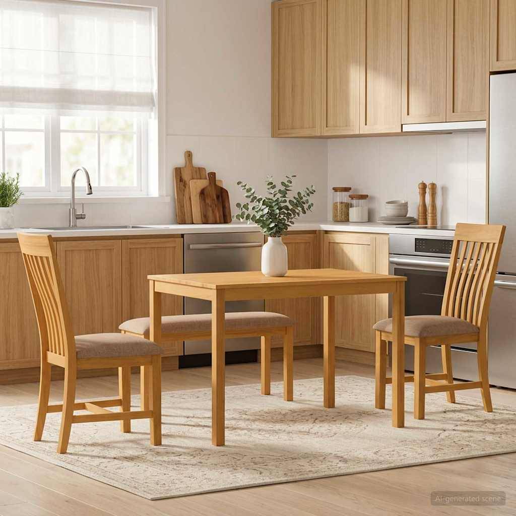 Helle moderne Küche mit Holztisch und vier Stühlen, hellholzfarbige Schränke, Spüle am Fenster und eine kleine Vase als Mittelstück auf einem Teppich.