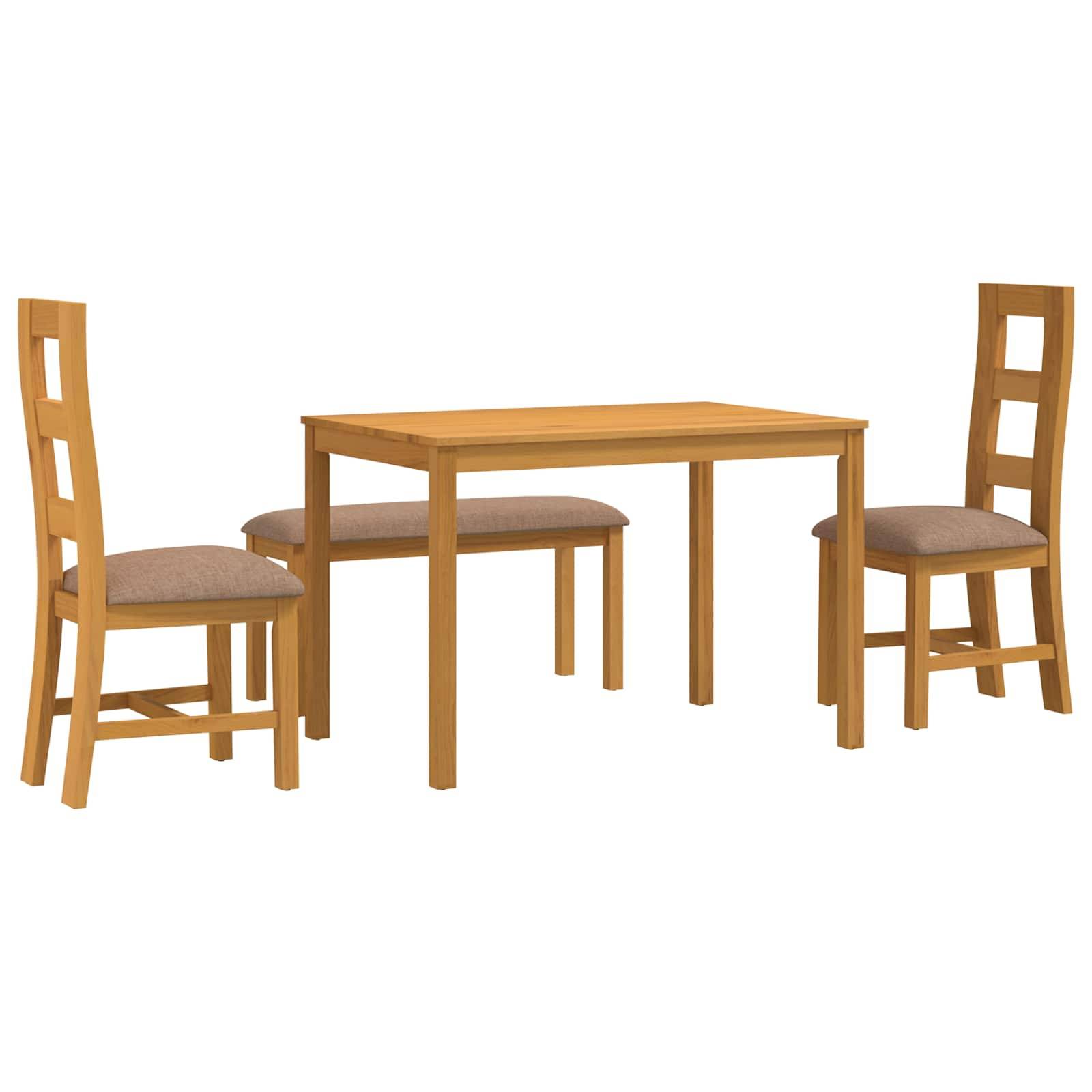 Holzesszimmer-Set mit rechteckigem Tisch, zwei gepolsterten Stühlen und einer passenden Bank auf weißem Hintergrund.