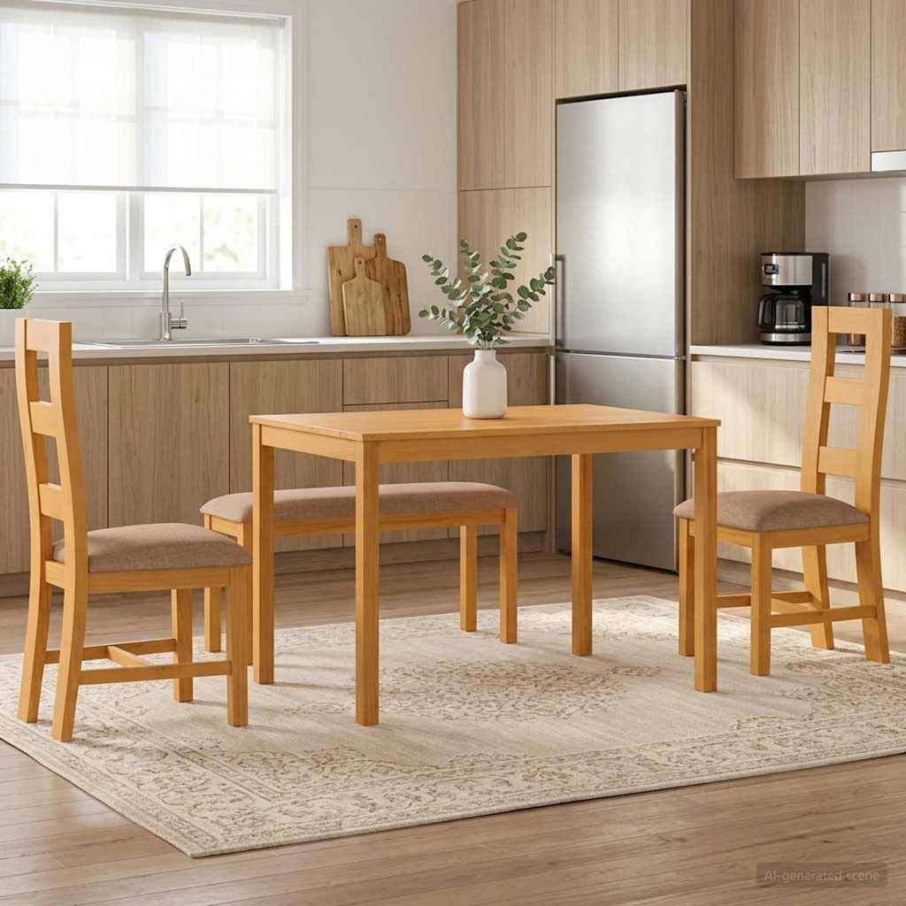 Helle moderne Küchen-Esszimmer mit einem Holztisch und vier Stühlen auf einem gemusterten Teppich, einer Vasendekoration in der Mitte und eingebauten Schränken.