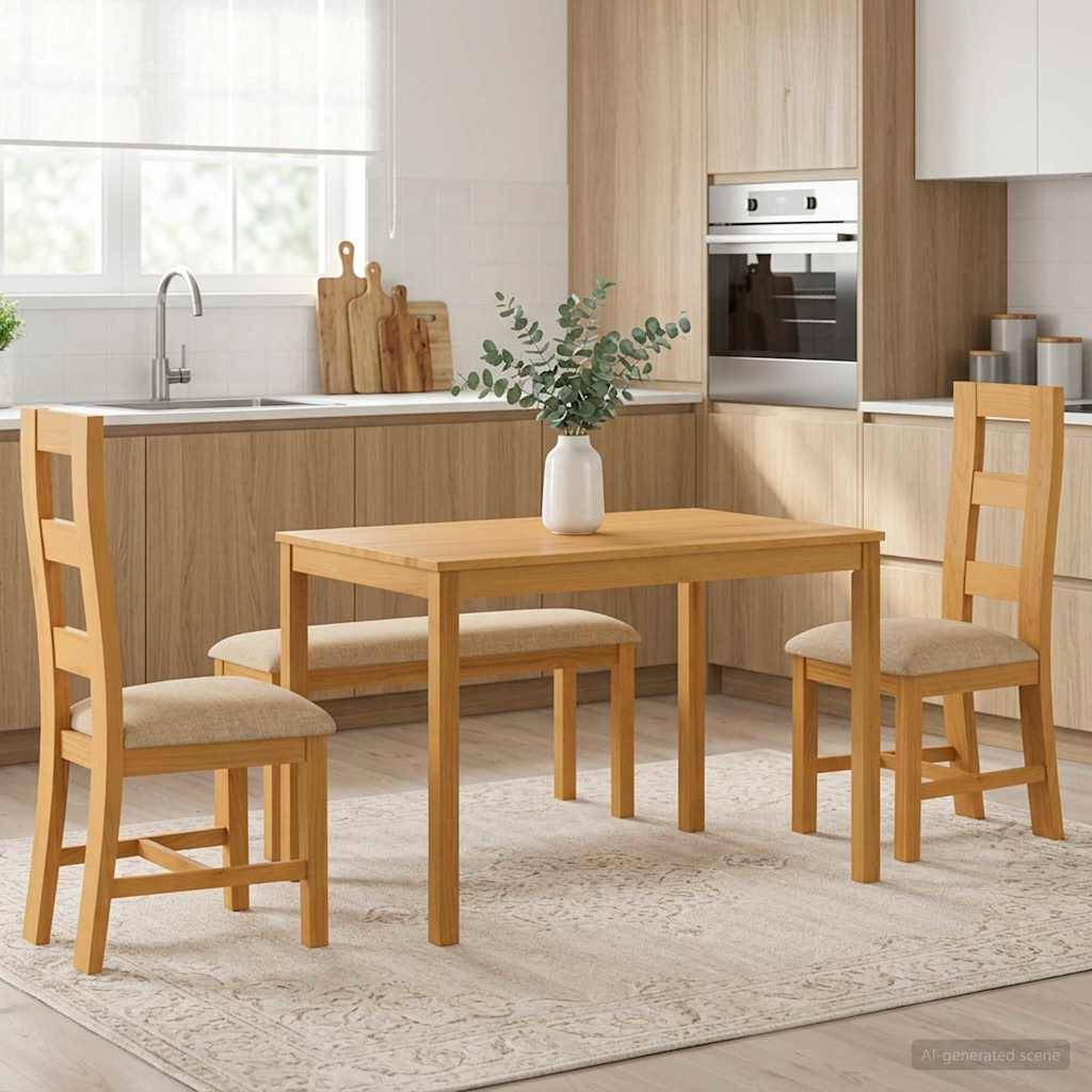 Moderner Essbereich mit einem Holztisch, vier Stühlen und einer Vase mit Grünpflanzen in einer Küche aus hellem Holz.