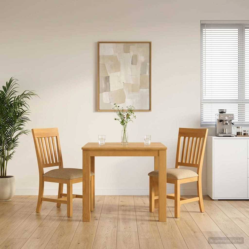Minimalistischer Essbereich mit zwei Holzstühlen, kleinem Tisch mit Vase und Gläsern, Wandkunst, Pflanze und Kaffeestelle am Fenster.