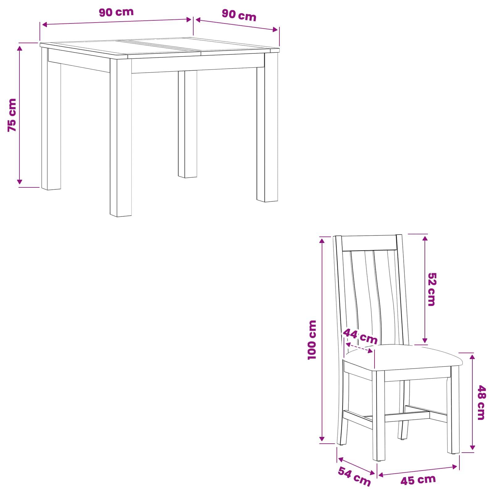 Bemaßte Zeichnungen eines quadratischen Tisches und eines passenden Stuhls: Tisch 90 cm breit mal 90 cm tief und 75 cm hoch; Stuhl 100 cm hoch, 52 cm Rückenlehne, 48 cm Sitzhöhe, 54 cm tief, 45 cm breit.
