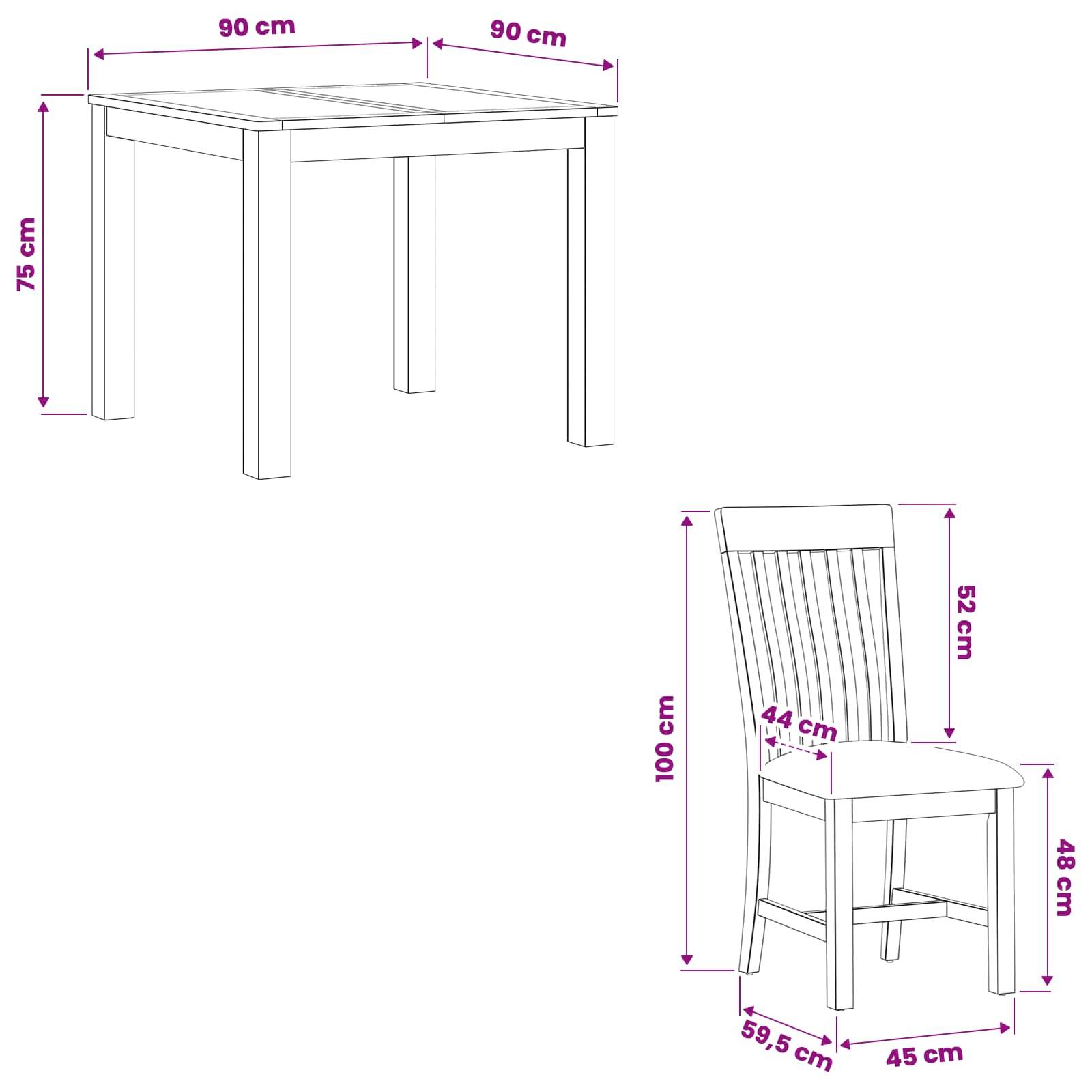 Bemaßte Zeichnungen eines quadratischen Tisches von 90 cm, 75 cm Höhe, und eines passenden Stuhls mit 100 cm Rückenlehne, 52 cm Sitzhöhe, 45 cm Breite und 59,5 cm Tiefe.