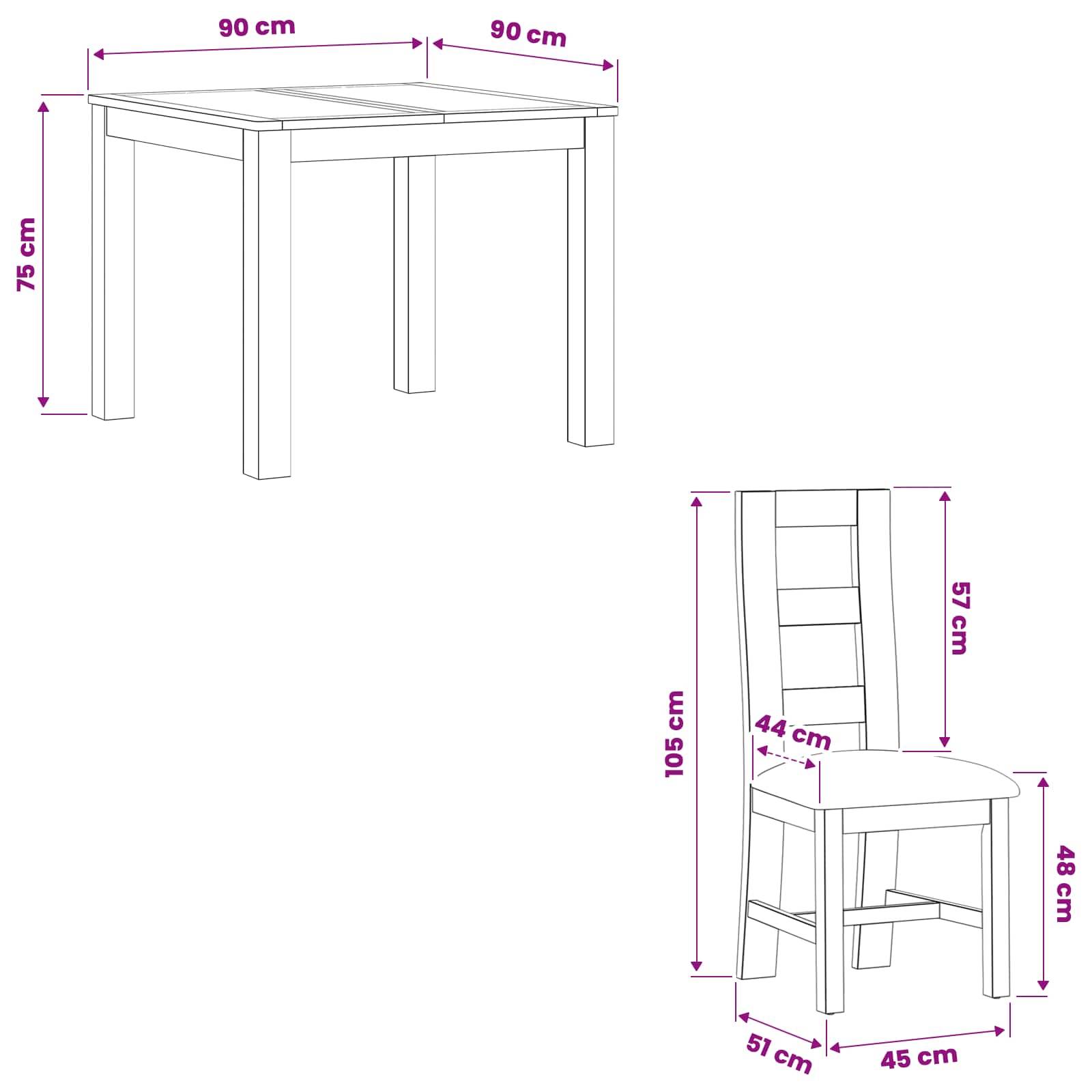 Dimensionsdiagramm eines Tisches und eines Stuhls: Der Tisch ist 90 cm breit und 75 cm hoch; der Stuhl ist 45 cm breit, 51 cm tief, 48 cm Sitzhöhe, 105 cm Gesamthöhe, mit 57 cm Rückenlehne und 44 cm Sitztiefe.