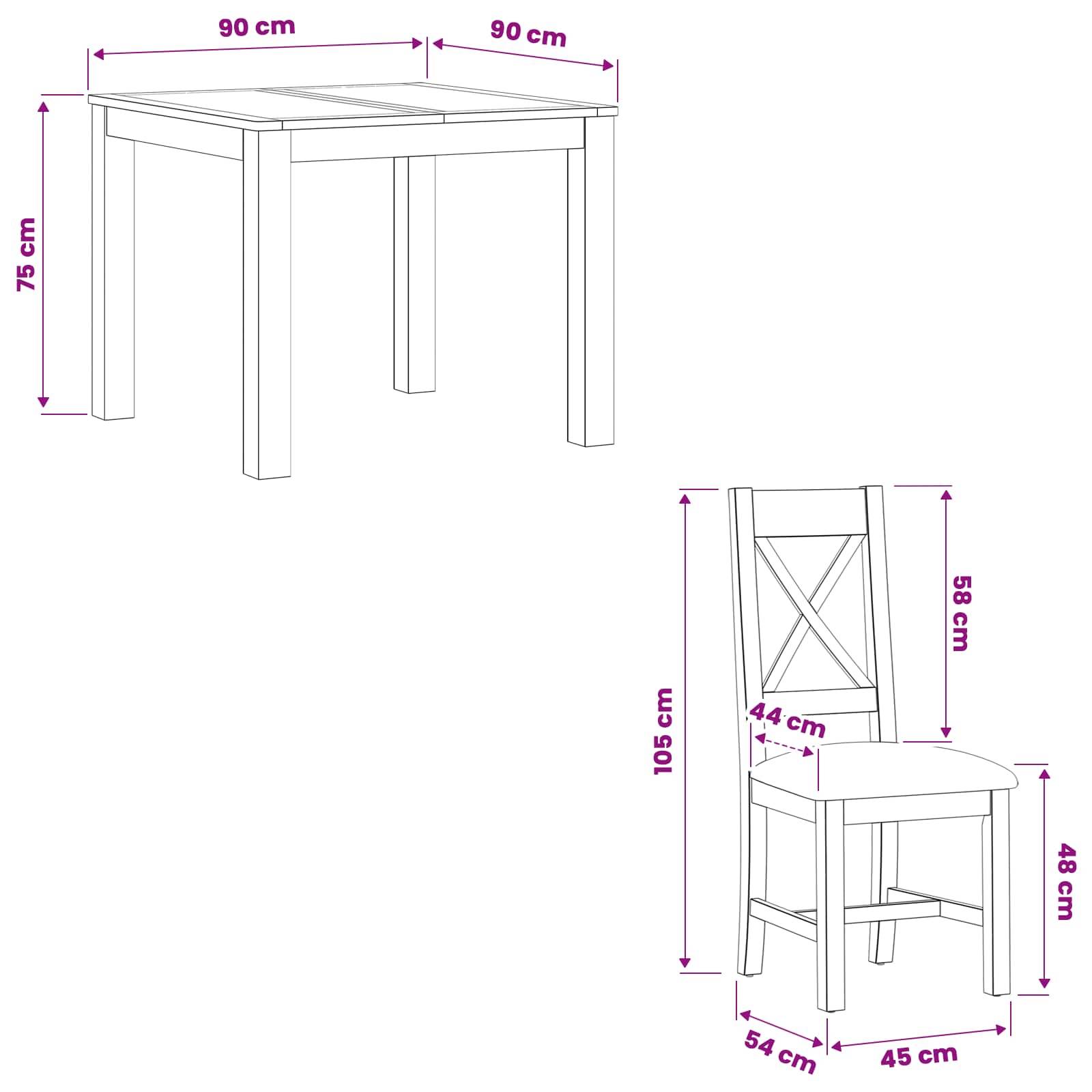 Möbelzeichnung mit Maßen, die einen quadratischen Tisch mit 90 cm Seitenlänge und 75 cm Höhe sowie einen passenden Stuhl mit 48 cm Sitzhöhe, 54 cm Tiefe, 45 cm Breite, 105 cm Gesamthöhe und 58 cm Rückenlehenhöhe zeigt.