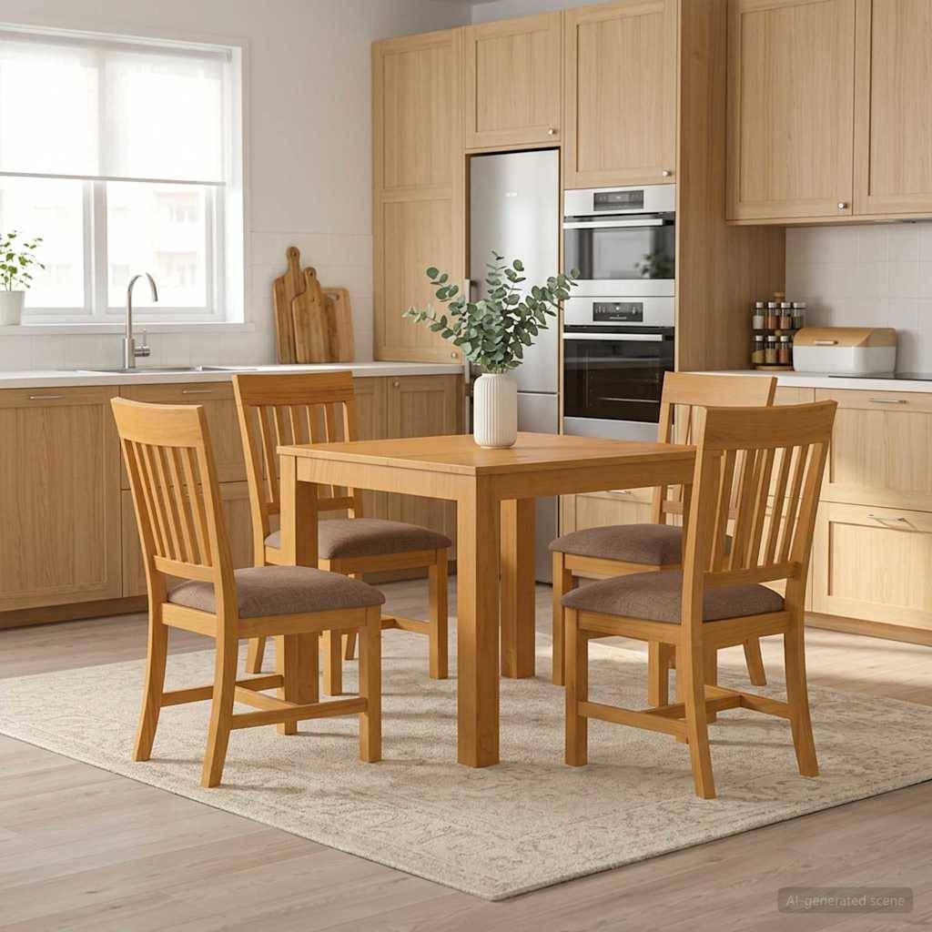 Minimalistische Küche aus hellem Holz mit einem kleinen quadratischen Esstisch, vier Stühlen und einer Vase als Tischzentrum auf einem beigefarbenen Teppich.
