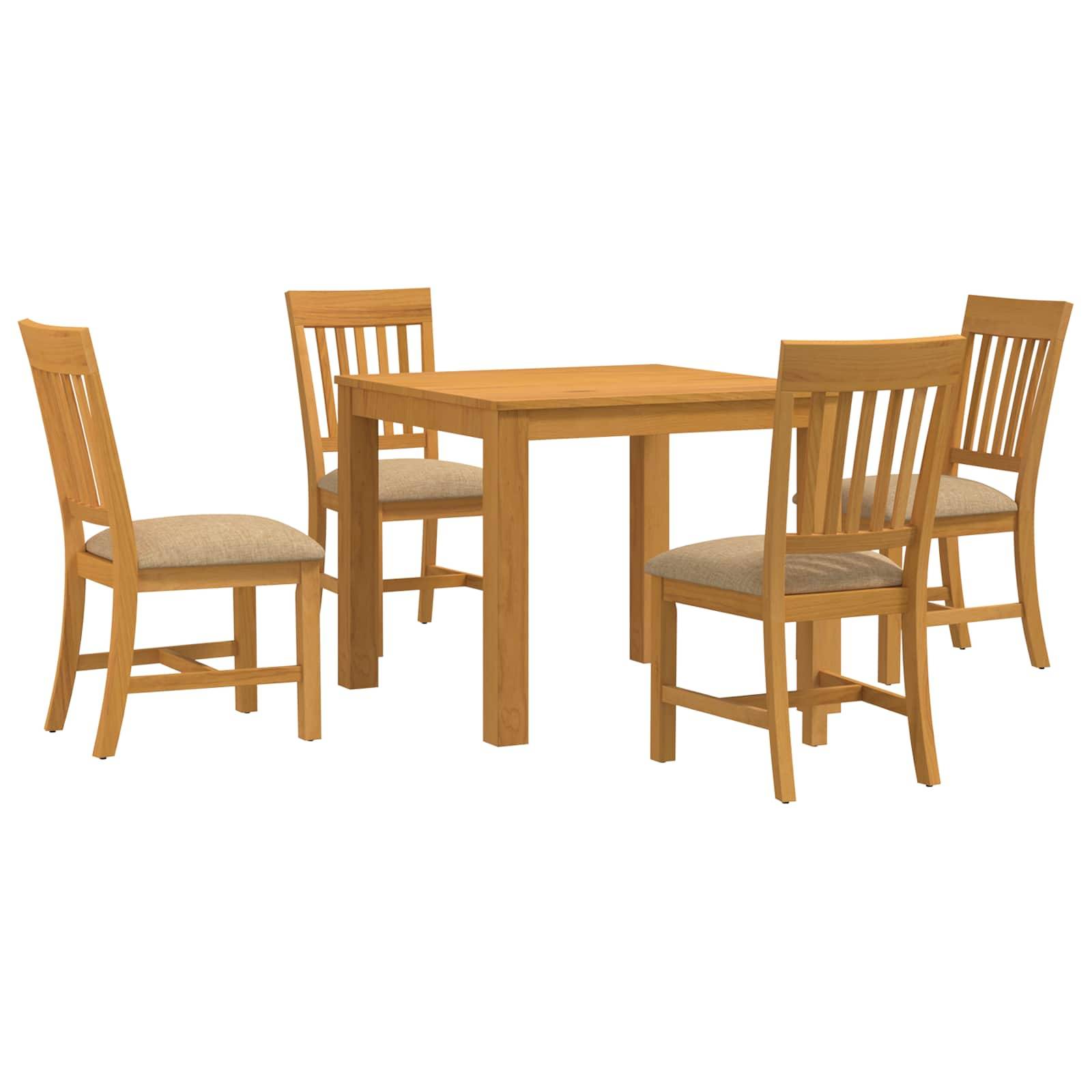 Holztisch mit quadratischer Tischplatte und vier passenden gepolsterten Stühlen auf weißem Hintergrund.