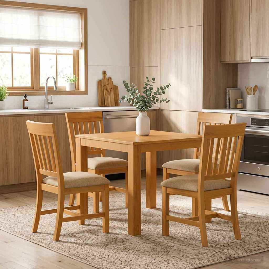 Helles Holz-Esszimmer-Set mit vier Stühlen um einen quadratischen Tisch in einer hellen modernen Küche, mit einer Vase als Tischmitte und Fenster über der Spüle.