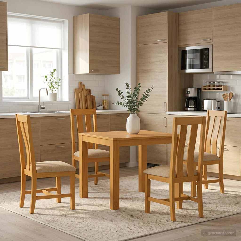 Moderner Küchen-Essbereich mit einem Holztisch und vier Stühlen, einer Vase als Mittelstück, hellen Holzschränken und einem Fenster über der Spüle.