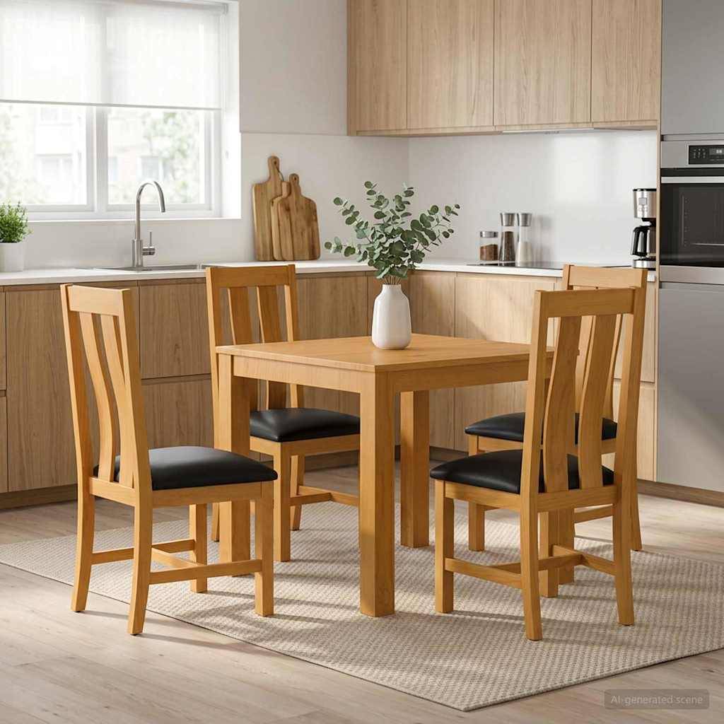 Heller Holzesstisch mit vier passenden Stühlen in einer modernen Küche, mit einer Vase als Tischmitte auf dem Tisch.