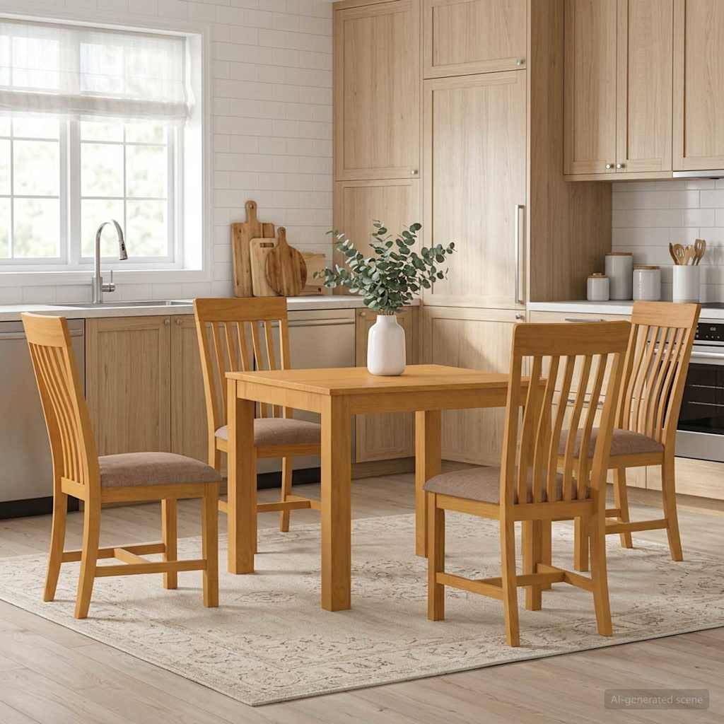 Moderner Küchen-Essbereich mit einem Holztisch, vier Stühlen und einer weißen Vase als Tischdekoration neben hellen Holzschränken und einem Fenster.
