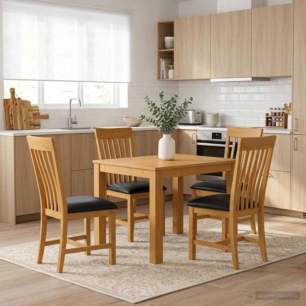 Modernes Küchen-Esszimmer mit einem Holztisch, vier Stühlen und einer Vasenmittelstückdekoration auf einem Teppich in einer hellem Holz- und weißer Küche.