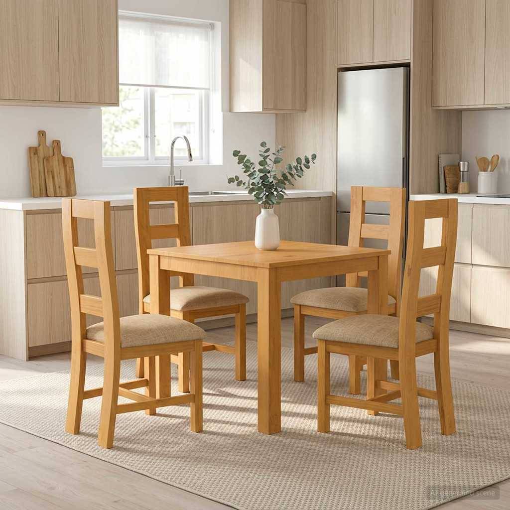Heller Holzesstisch mit vier Stühlen in einer hellen, modernen Küche, mit einer Vase mit Grünpflanzen in der Mitte des Tisches.