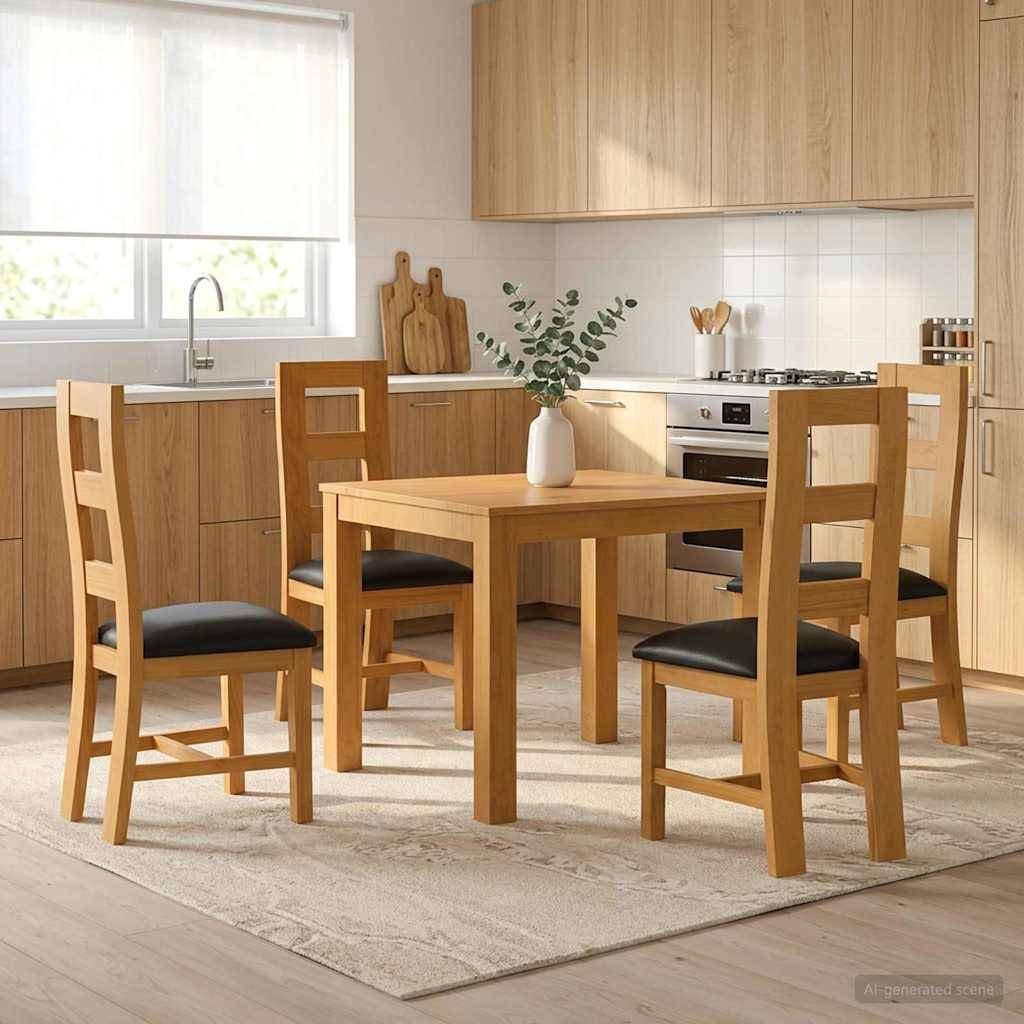 Moderne Küche mit einem Holzesstisch, vier Stühlen und einer Vasenmittelstückvase auf einem hellen Teppich neben einem Fenster und Schränken.