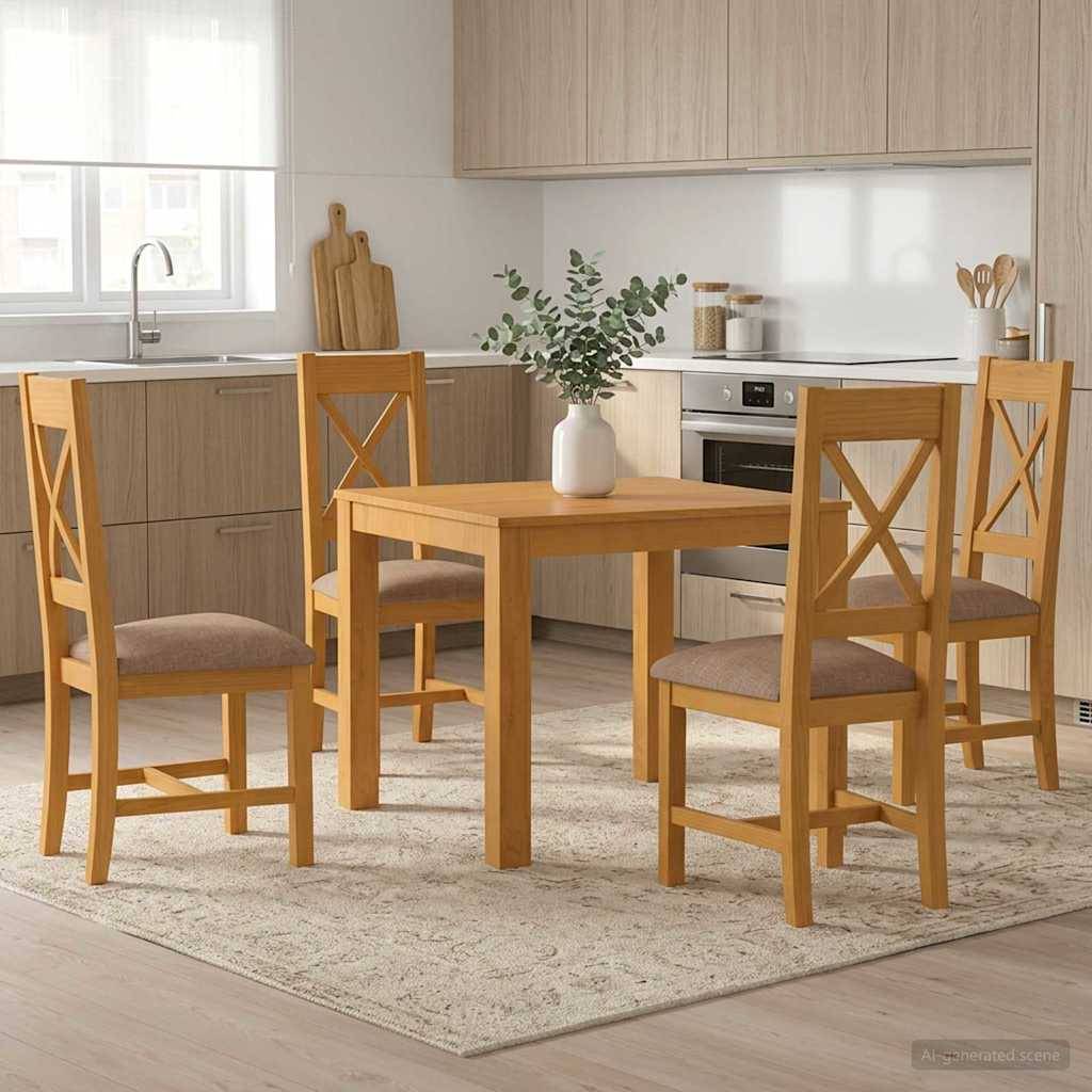 Moderner Küchen-Essbereich mit einem Holztisch und vier Stühlen auf einem Teppich, in der Mitte mit einer Vase mit Grünpflanzen, dahinter helle Holzschränke und ein Spülbecken.