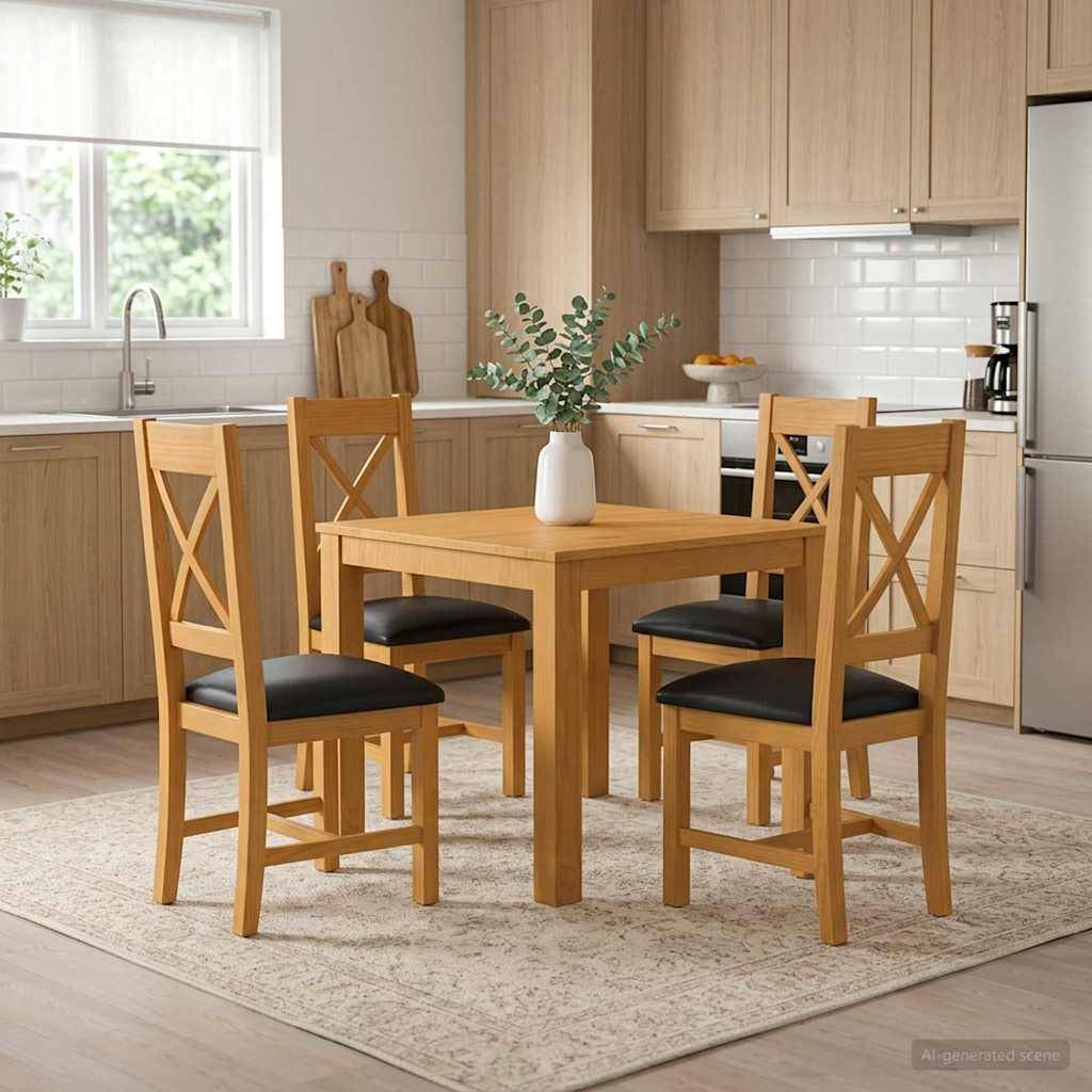 Modernes Essgarnitur für die Küche mit quadratischem Holztisch, vier passenden Stühlen und einer Vase als Mittelpunkt auf einem hellen Teppich in einer hellen Küche.
