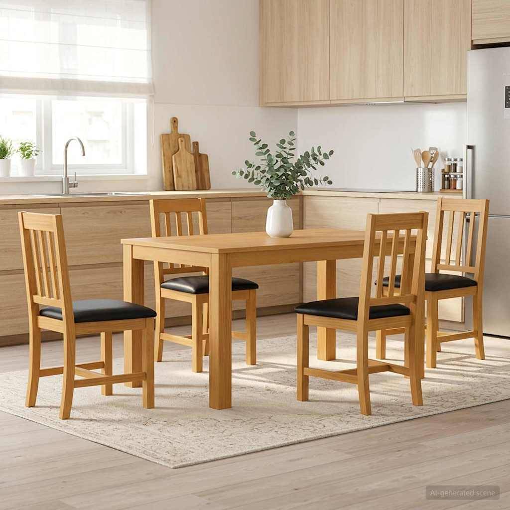 Moderner Esstisch aus hellem Holz mit vier passenden Stühlen in einem hellen, minimalistischen Küchen-Esszimmer, mit einer Vase als Mittelpunkt und einem Teppich.