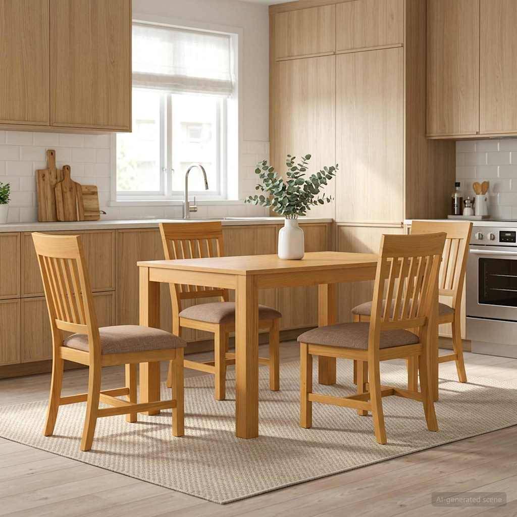 Moderner Holz-Küchen-Essbereich mit einem quadratischen Tisch, vier Stühlen und einer Vase als Tischdekoration auf einem Teppich.
