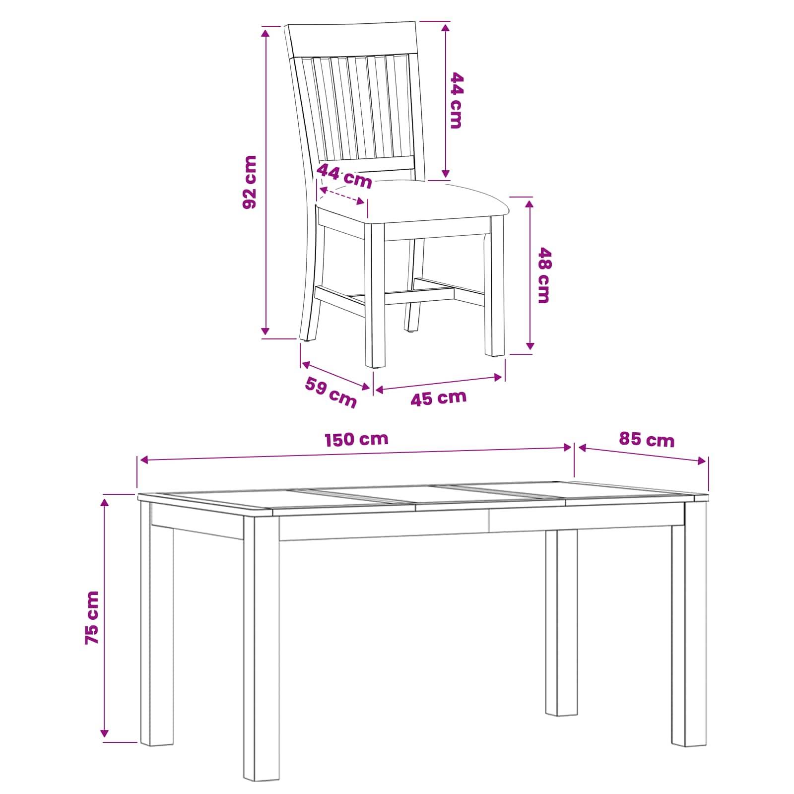 Maßstabgerechte Linienzeichnung eines Stuhls und eines rechteckigen Tisches mit Angabe des Stuhls in 92 cm Höhe mit 48 cm Sitzhöhe und des Tisches in 75 cm Höhe mit 150 cm mal 85 cm Platte.