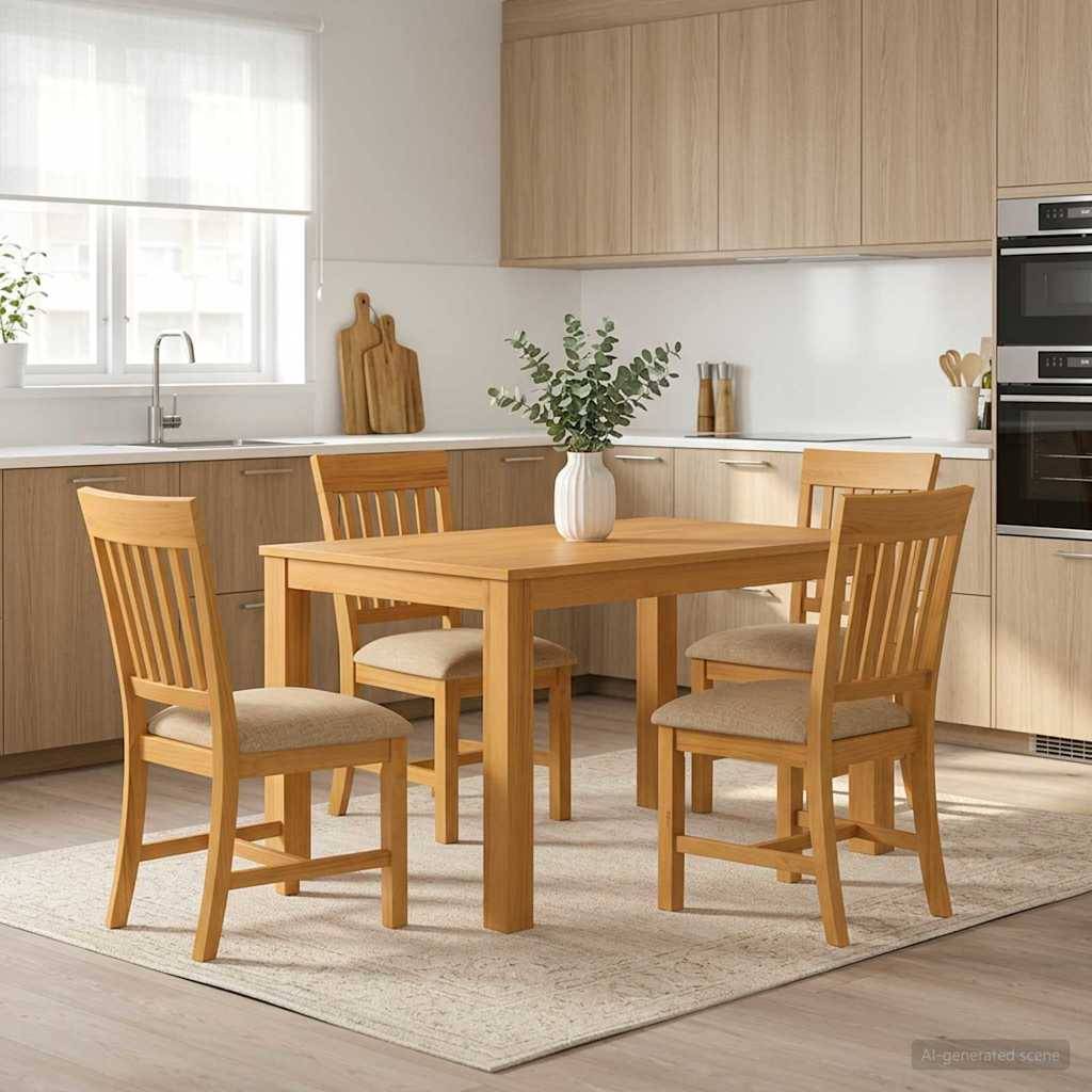 Minimalistisches Holzesszimmer-Set mit vier Stühlen und einer Vasenmitte in einer hellen modernen Küche.