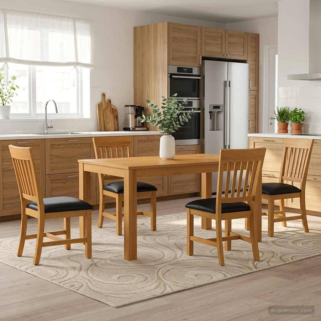 Modernes Küchen-Esszimmer mit einem Holztisch, vier Stühlen und einer Vase als Tischmitte, angeordnet vor Holzschränken, einer Spüle und einem Edelstahlkühlschrank.