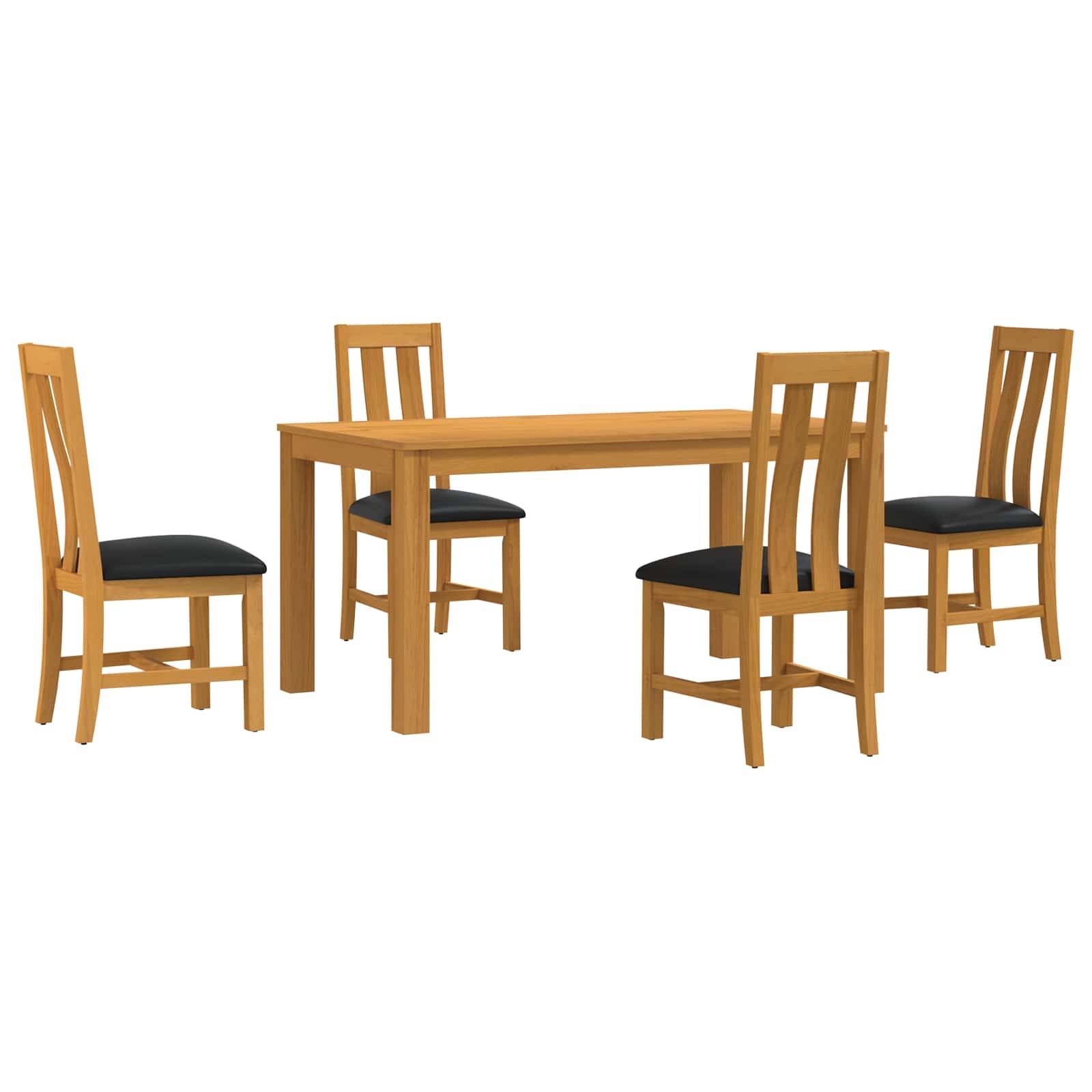 Speisezimmer-Set aus Holz mit rechteckigem Tisch und vier Stühlen mit schwarzen Kissen auf weißem Hintergrund.