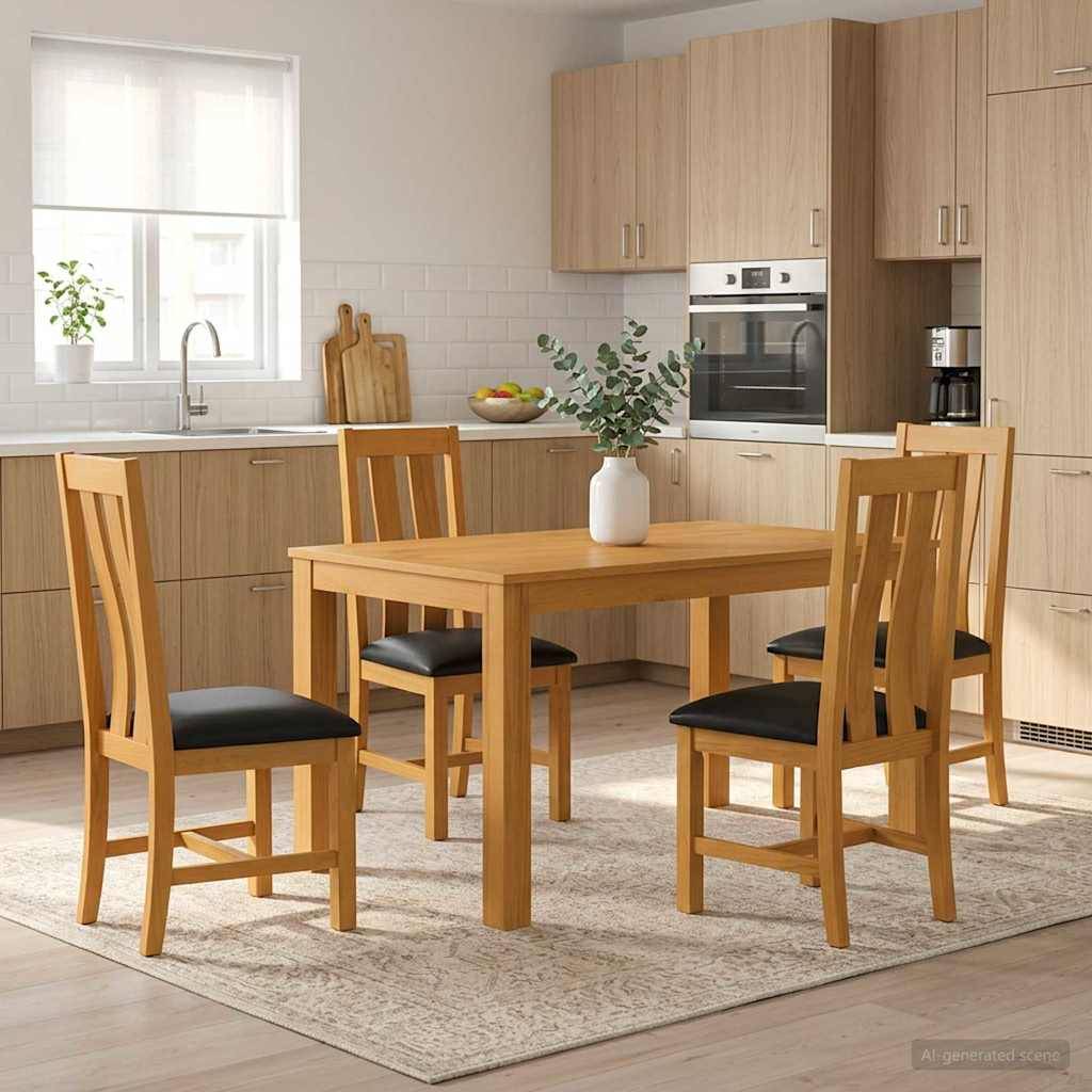 Moderner Küchen-Essbereich mit Holztisch, vier Stühlen, einer Vase als Tischdeko und hellem Holzschrank neben einem Fenster.