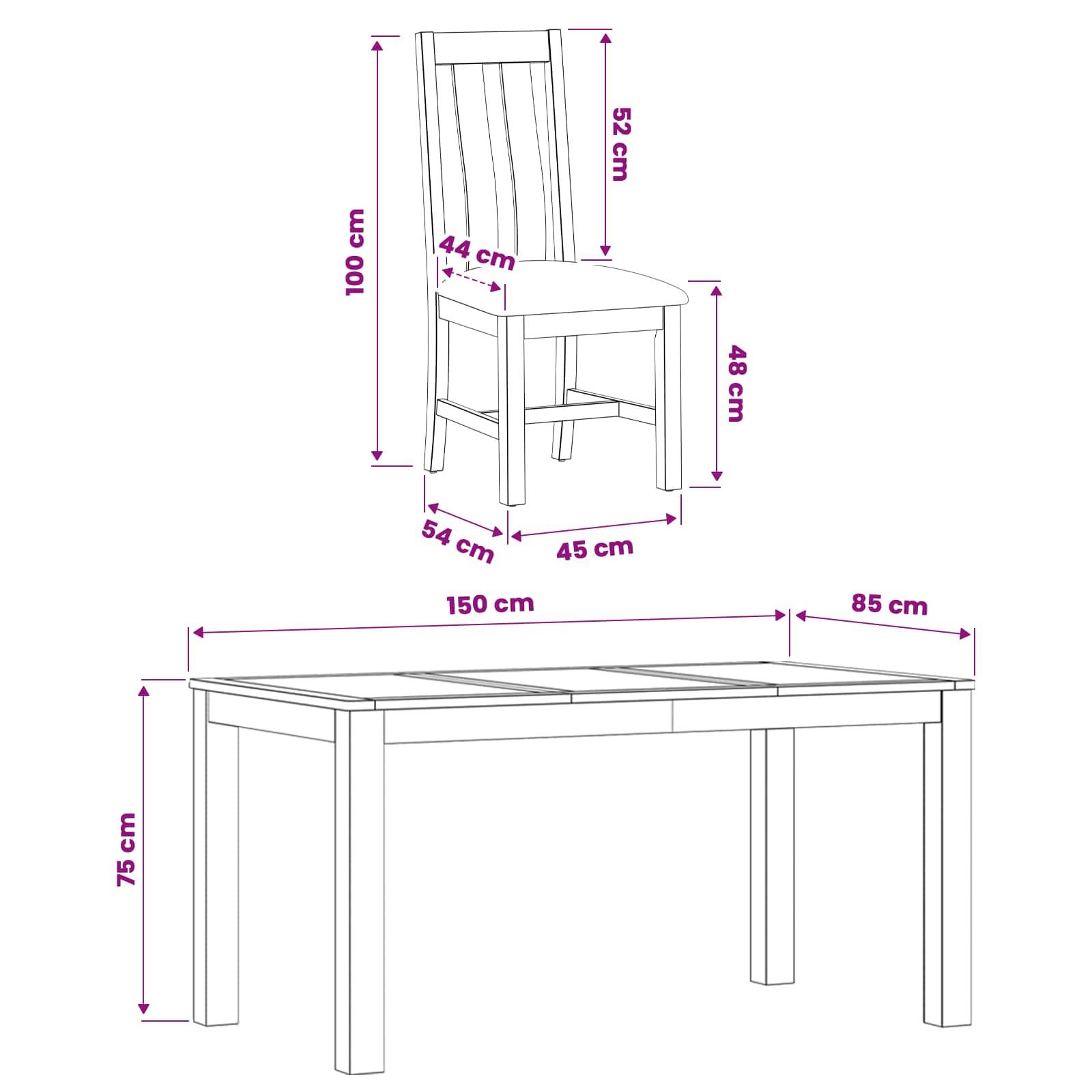 Maßstabgerechte Linienzeichnung eines Stuhls und Tisches, die Stuhhhöhe 100 cm, Sitzfläche 48 cm und Tisch 75 cm hoch mit 150 cm x 85 cm Oberfläche zeigend.