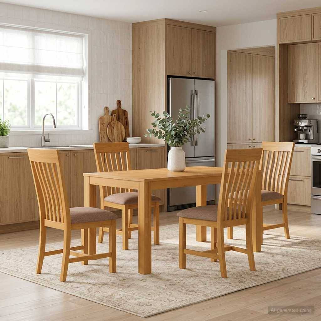 Holzesstisch mit vier Stühlen in einer hellen, modernen Küche, mit einer Blumenvase auf dem Tisch und einem Edelstahlkühlschrank im Hintergrund.