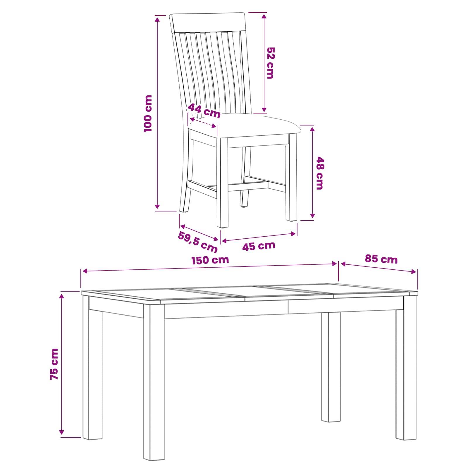 Maßstabgerechte Zeichnung eines Esszimmerstuhls und -tisches, wobei der Stuhl 100 cm hoch und der Tisch 75 cm hoch ist, mit Maßangaben für Breite und Tiefe.