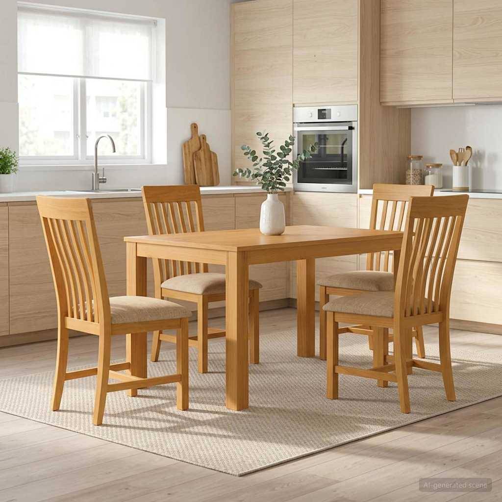 Helle moderne Küche mit einem Holzesstisch, vier Stühlen und einer Vase als Tischdekoration auf einem Teppich neben eingebauten Schränken und einem Ofen.
