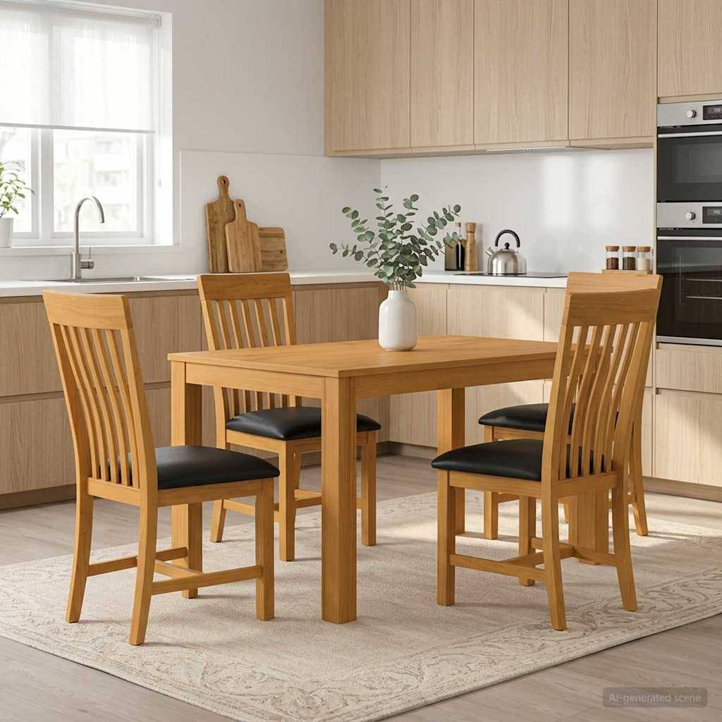 Moderner Küchen-Essbereich mit einem Holztisch, vier Stühlen, einer Blumenvase als Mittelstück, hellen Schränken und eingebautem Ofen.