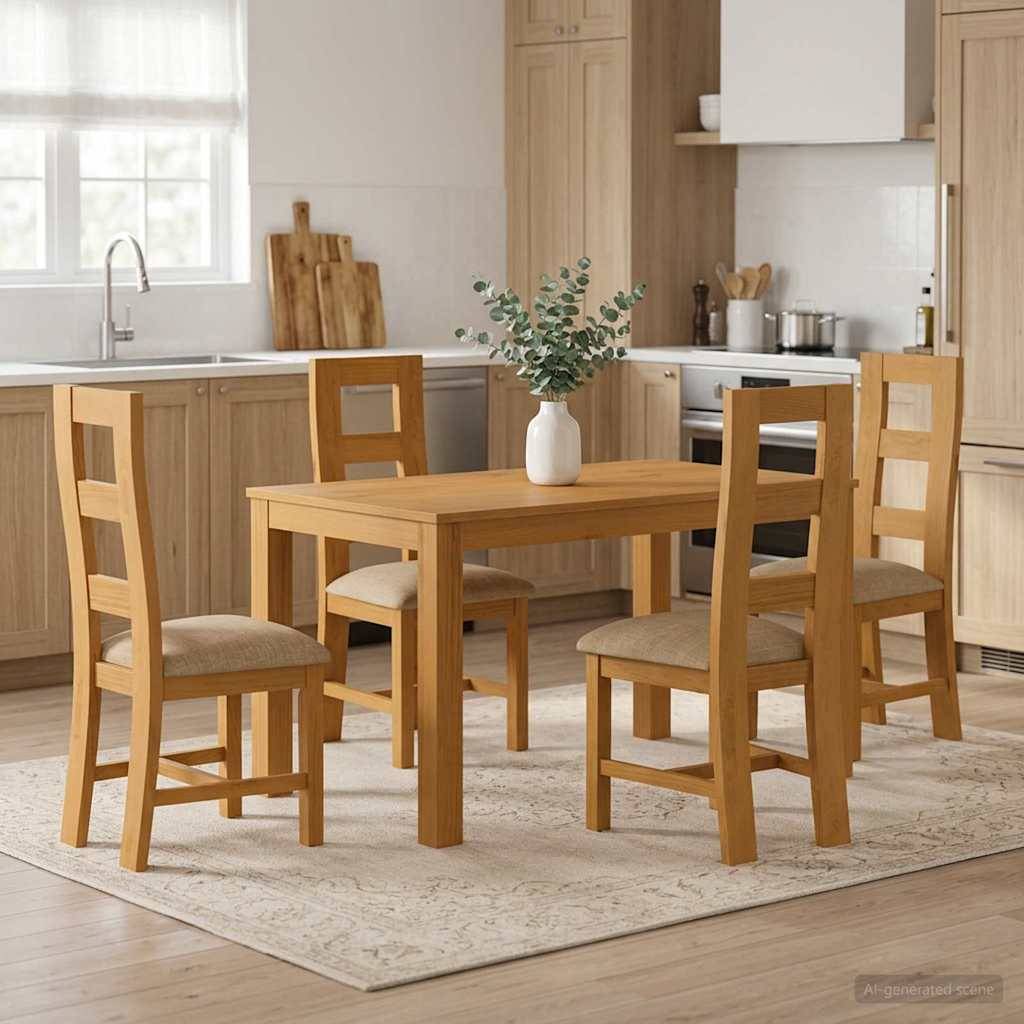 Heller Esstisch aus Holz mit vier Stühlen in einer hellen modernen Küche, mit einer Vase als Tischdeko auf einem Teppich.