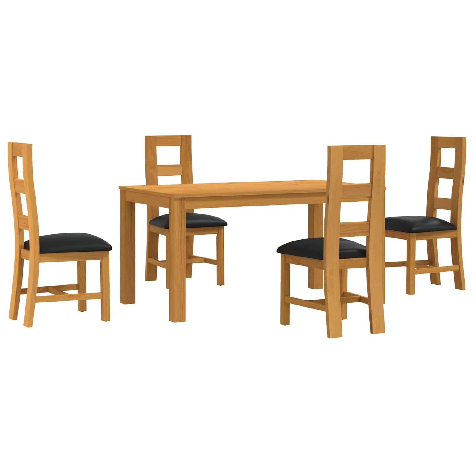 Holztisch mit vier passenden Stühlen mit dunkel gepolsterten Sitzflächen, dargestellt auf weißem Hintergrund.