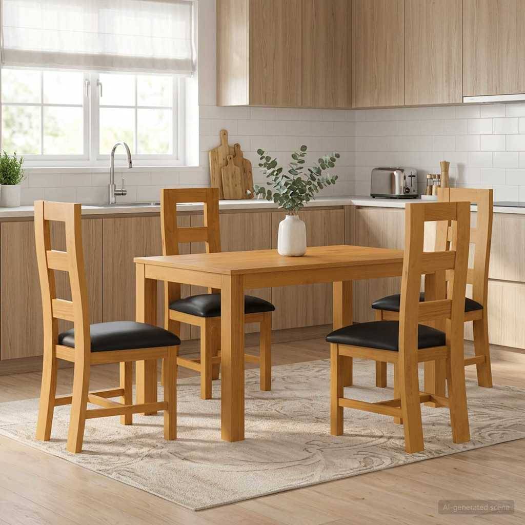 Moderner Essbereich mit einem Holztisch und vier Stühlen auf einem Teppich in einer hellen Küche, mit einer Vasendeko am Fenster und Küchengeräten auf der Arbeitsplatte.