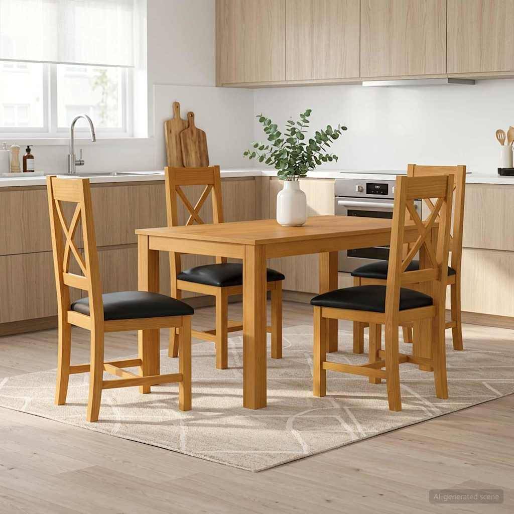 Moderner Küchen-Essbereich mit einem Holztisch, vier Stühlen und einem Vasenmittelpunkt auf einem hellen Teppich.