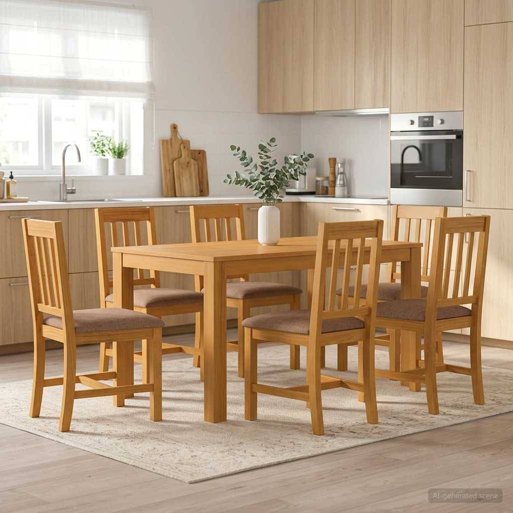 Heller Holzesstisch mit sechs passenden Stühlen in einer modernen Küche, zentriert auf einem Teppich mit einer Vase auf dem Tisch.