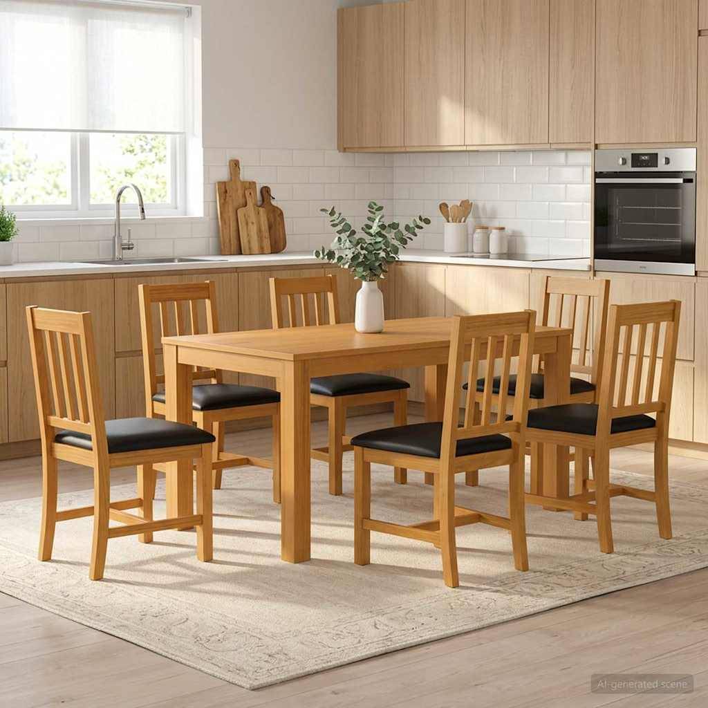Holzesstisch mit sechs Stühlen in einer hellen modernen Küche mit einer Spüle, Schränken, einem Ofen und einer Vase als Tischzentrum.