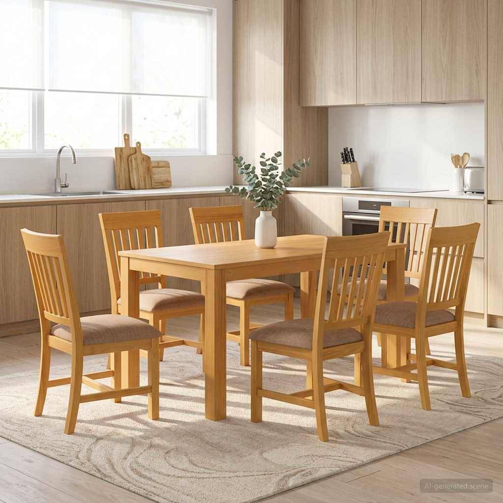 Helle moderne Küche mit einem Holzesstisch und sechs Stühlen auf einem gemusterten Teppich, in der Nähe eines Fensters und minimalistischen Schränken.