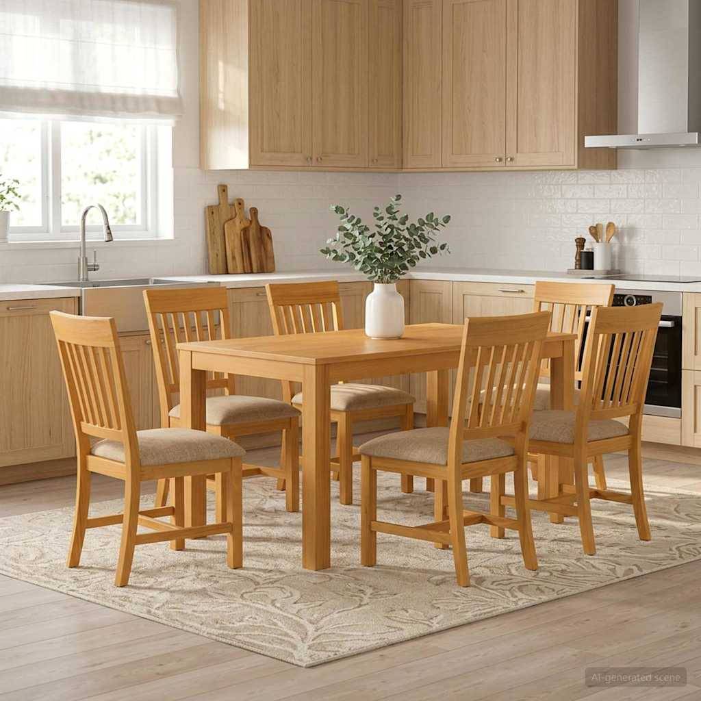 Helle moderne Küche mit einem Esstisch aus hellem Holz, sechs Stühlen und einer Vase als Tischaufsatz auf einem gemusterten Teppich.
