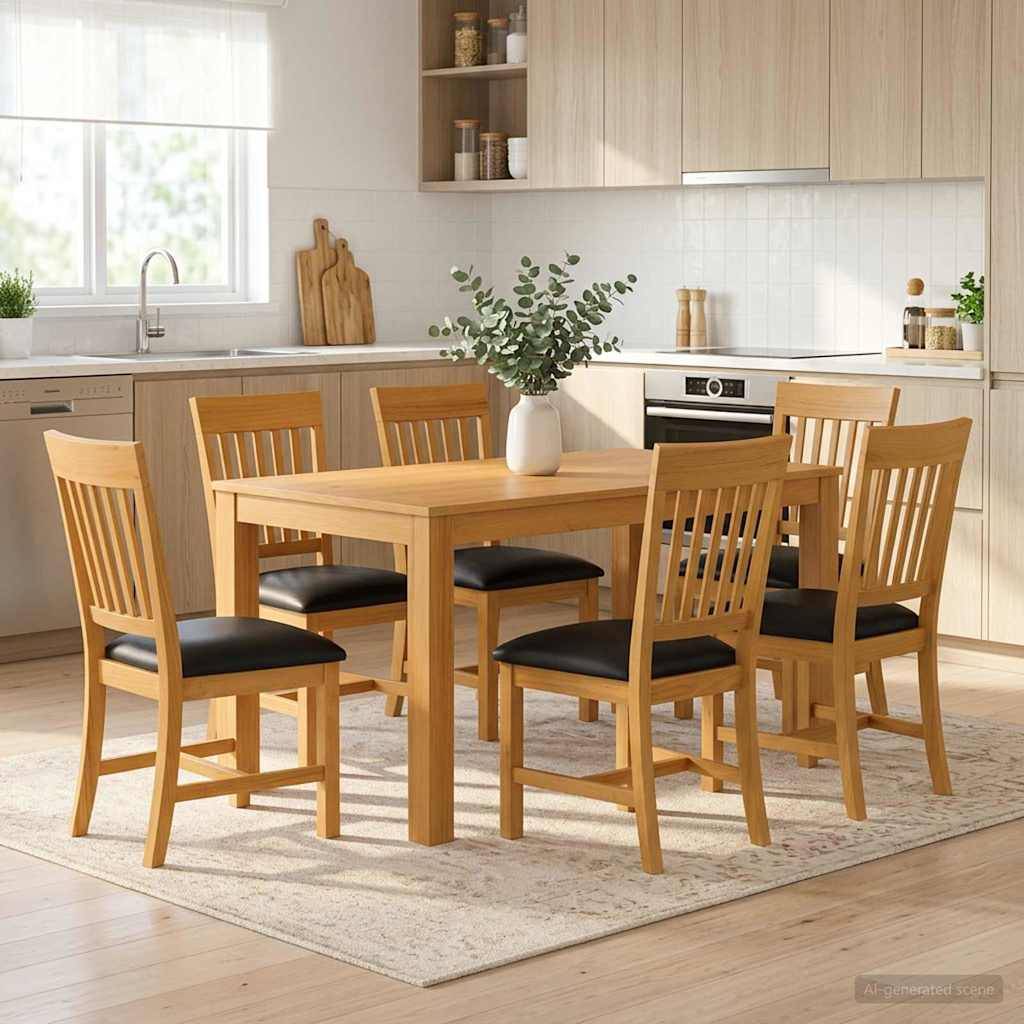 Modernes Esszimmerset aus hellem Holz mit quadratischem Tisch, vier Stühlen und Vasenmittelstück auf einem Teppich in einer hellen minimalistischen Küche.