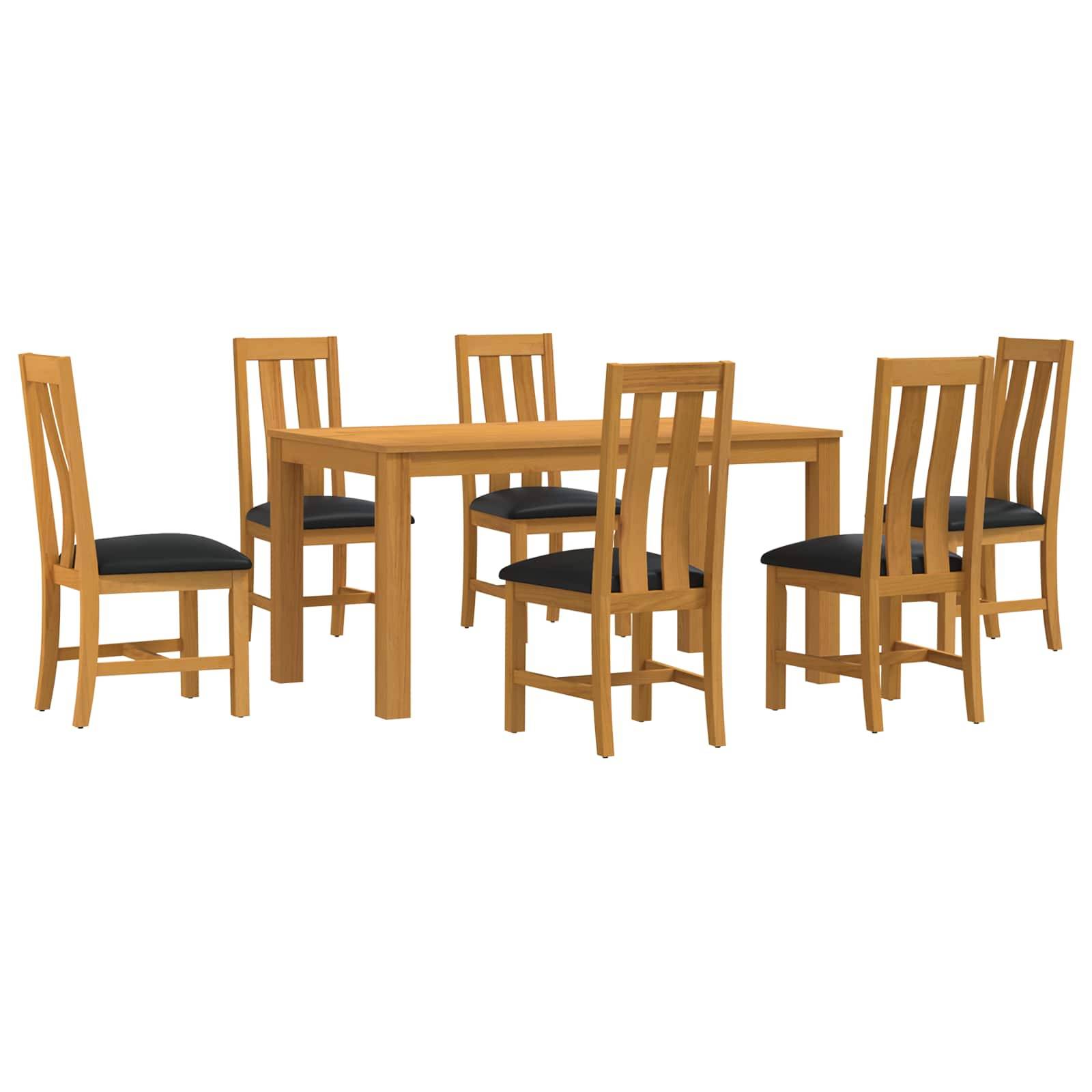 Holzesstisch mit sechs passenden Stühlen, gezeigt auf einem einfachen weißen Hintergrund.